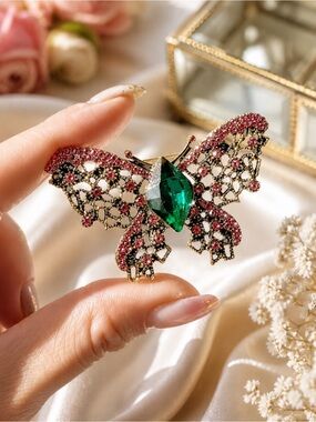 Crystal Butterfly Brooch Pin | Green Pink Crystal Statement Jewelry